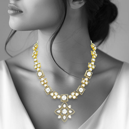 Polki Necklace with Floral Motifs and Lotus-Inspired Pendant